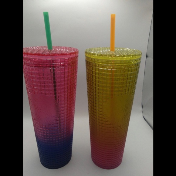 Lot (2) Starbucks Summer 2022 Lemon Yellow/Pink & Pink/Blue Grid 24oz Tumblers - Picture 1 of 2